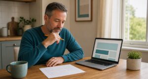 Man planning a simple first website with a laptop and paper wireframe