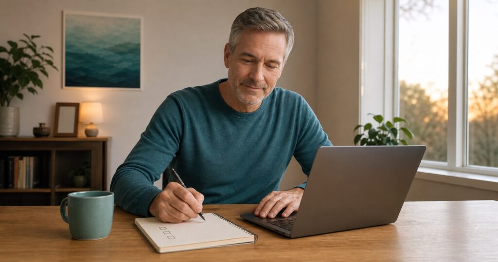Man simplifying an online business setup with a laptop and short checklist