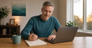 Man simplifying an online business setup with a laptop and short checklist