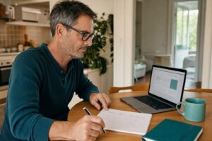 Man planning a first business website at his kitchen table, comparing a simple start with long-term fit