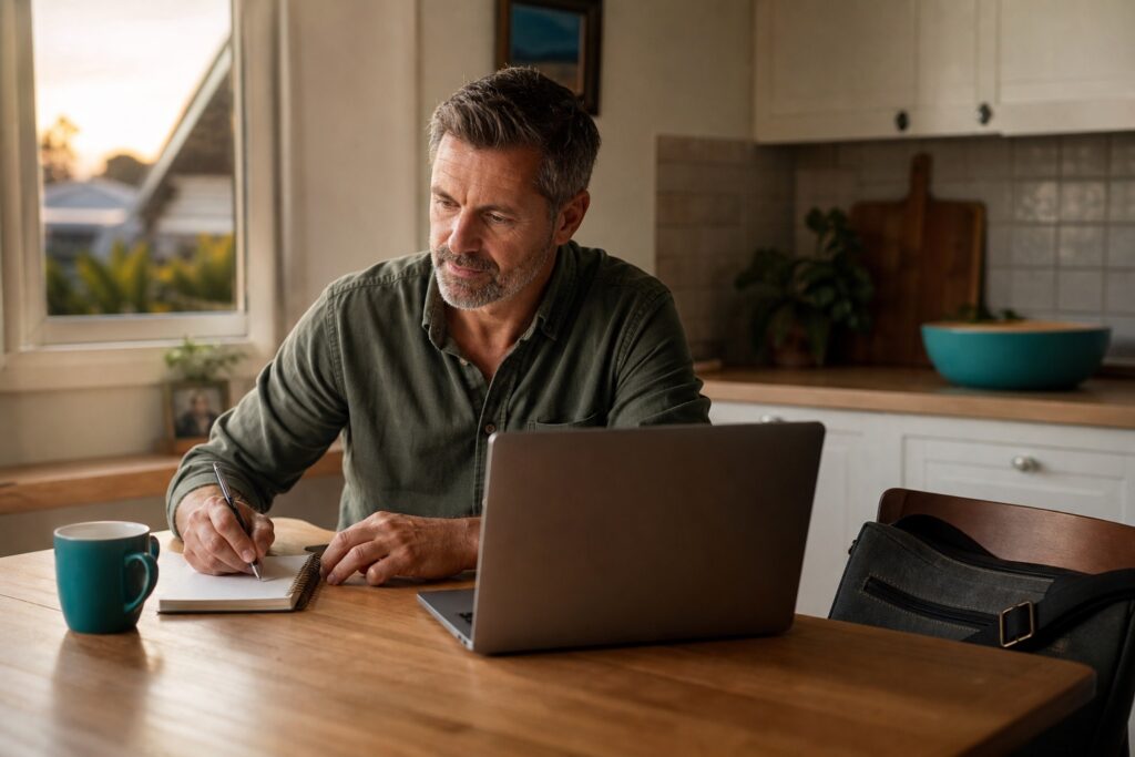 Man in his early fifties planning an online business at his kitchen table after work