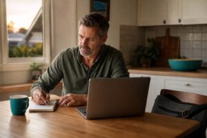 Man in his early fifties planning an online business at his kitchen table after work