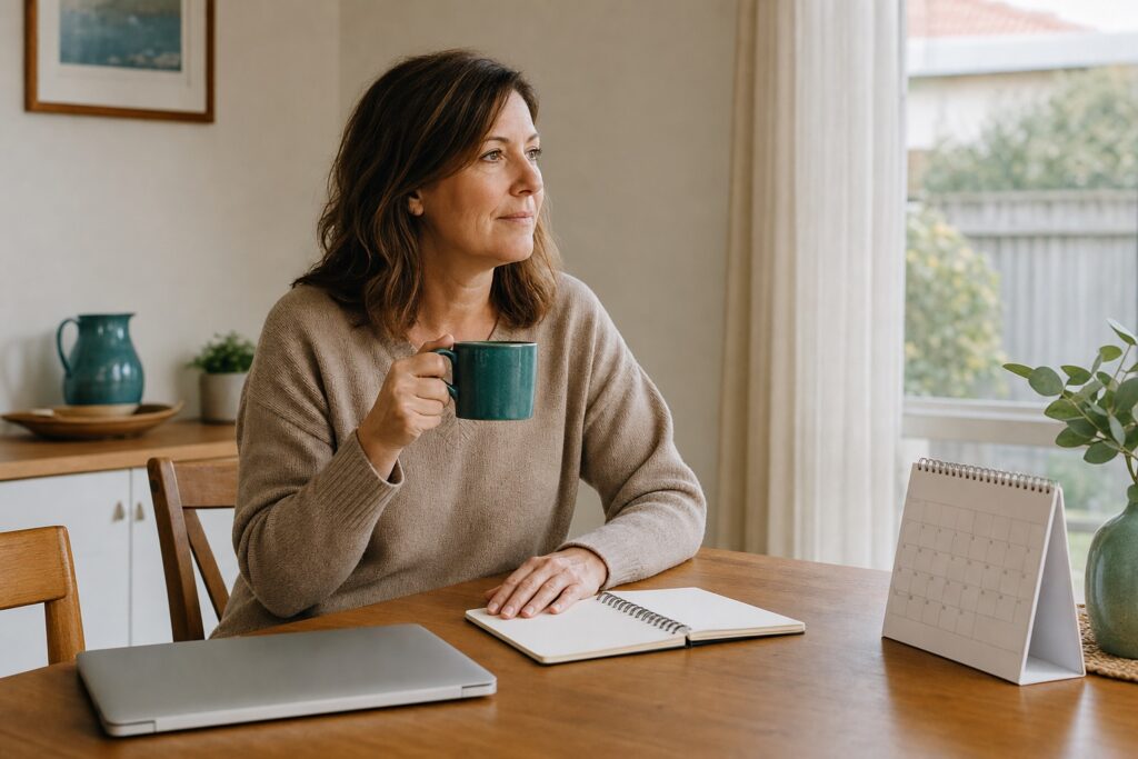 Woman in her late forties pausing thoughtfully beside a closed laptop, notebook and calendar